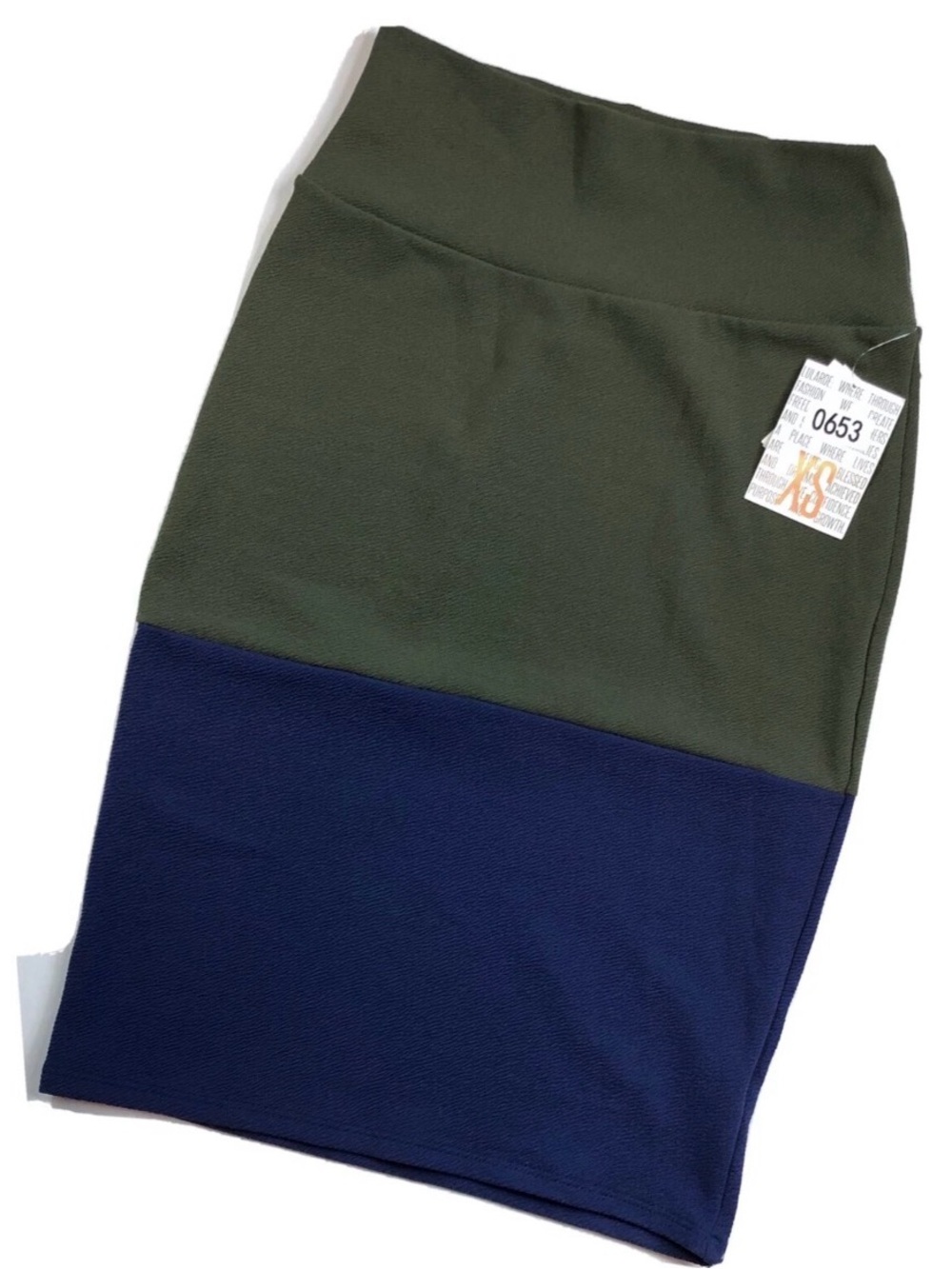 LuLaRoe Cassie Olive Green Navy Blue Colorblock Pencil Skirt XS NWT